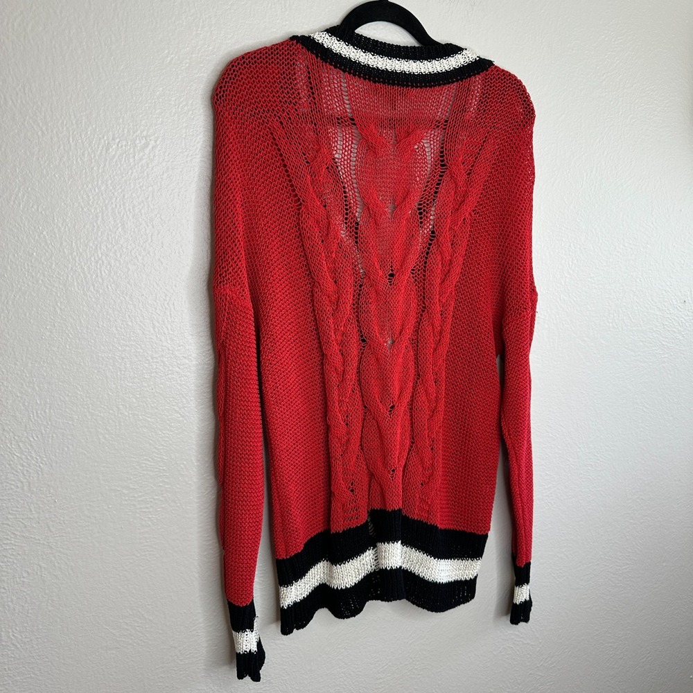 Rag & Bone Red Open Knit Cable Varsity V-Neck Sweater Mens Medium Striped Trim - Picture 3 of 8